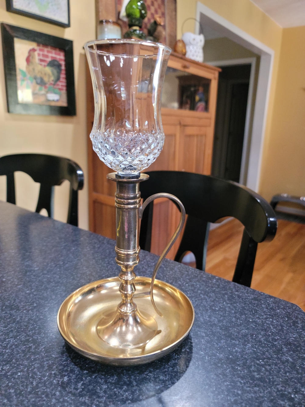 Vintage Brass Chamberstick Candle Holder Clear Cut Glass Diamond Hurricane Shade